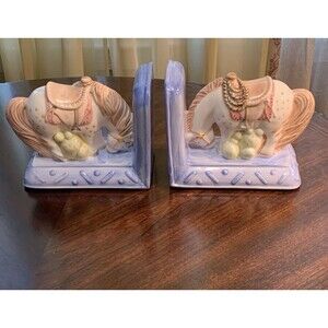 Vtg Ceramic Bookends Horse Pony Saddle Cowboy Carousel Kids Nursery Pastels READ